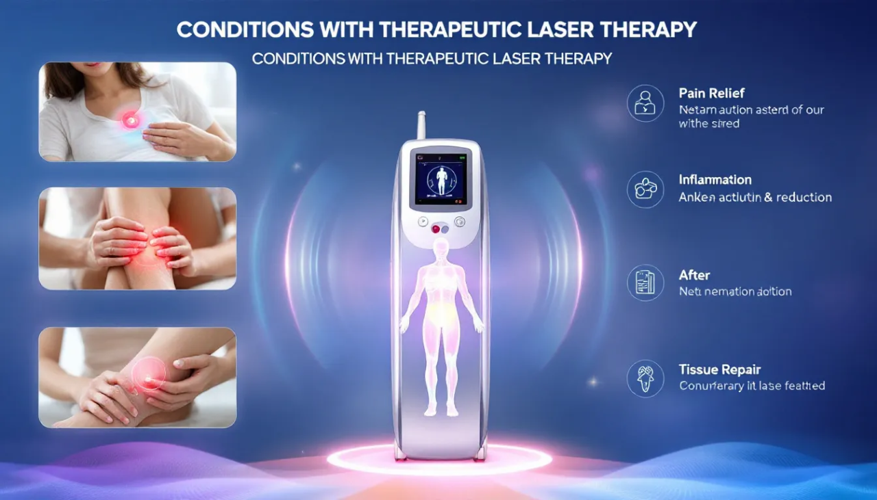 Various conditions treated with therapeutic laser therapy showcased in a visual format.