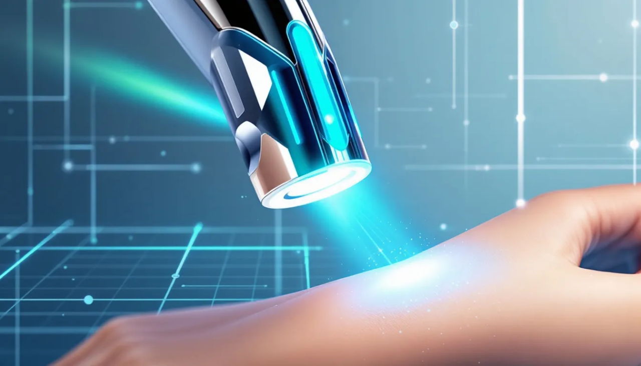 An illustration of a therapeutic laser device in use, showcasing laser light in action.