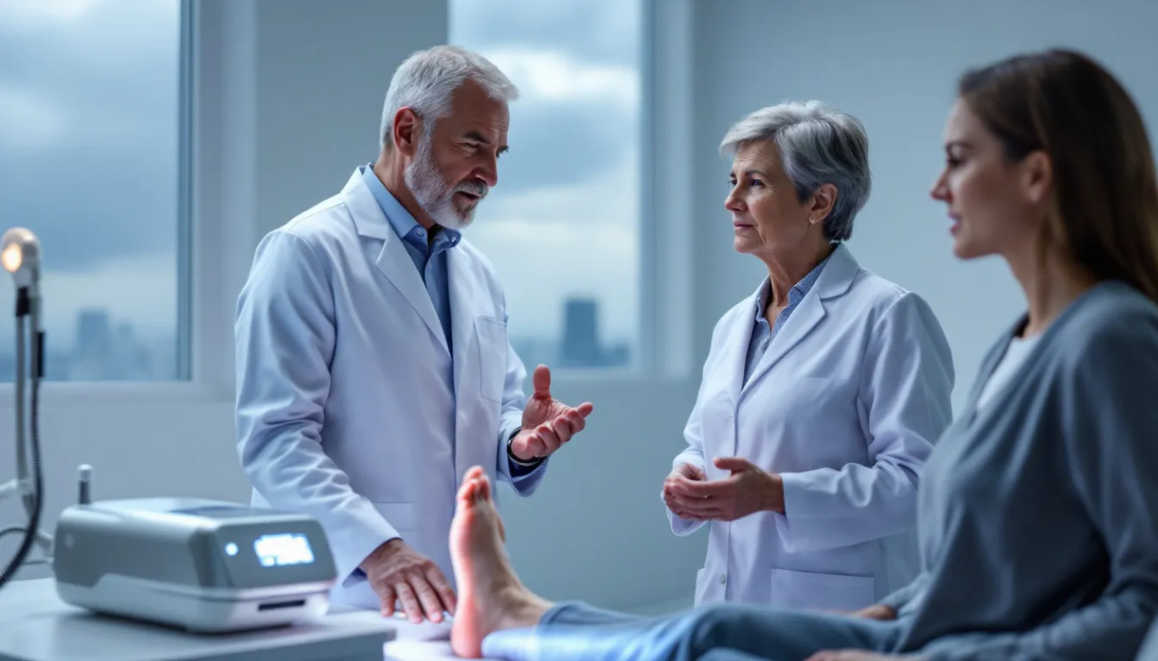 A qualified practitioner consulting with a patient about laser treatment for plantar fasciitis.